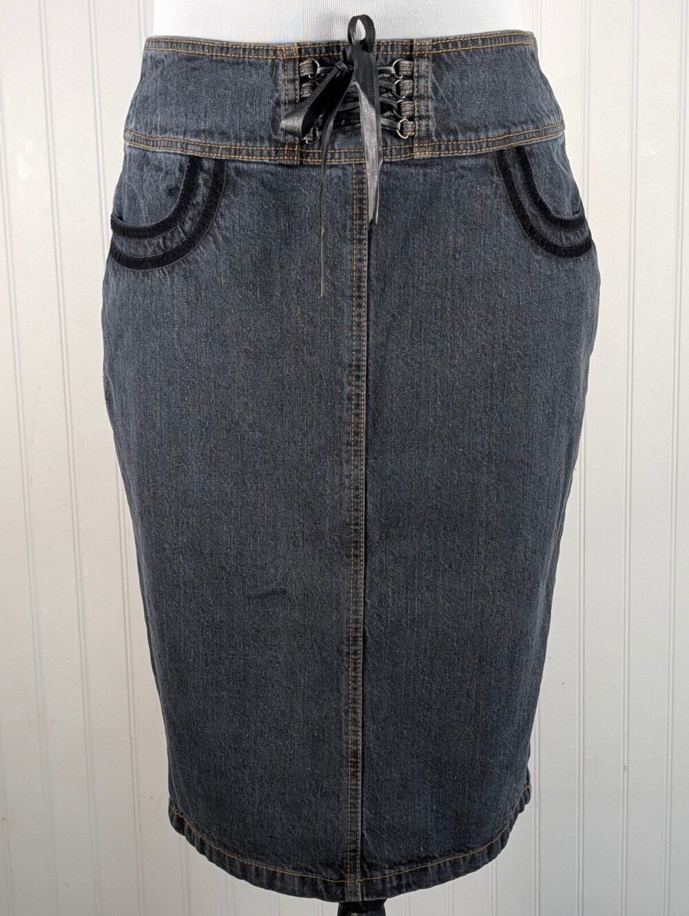 Vintage Jeanology Y2K Corset Detail Denim Pencil Skirt Midi Dark Wash Size 10